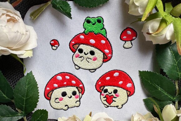 Five Cute Mushrooms Machine Embroidery
