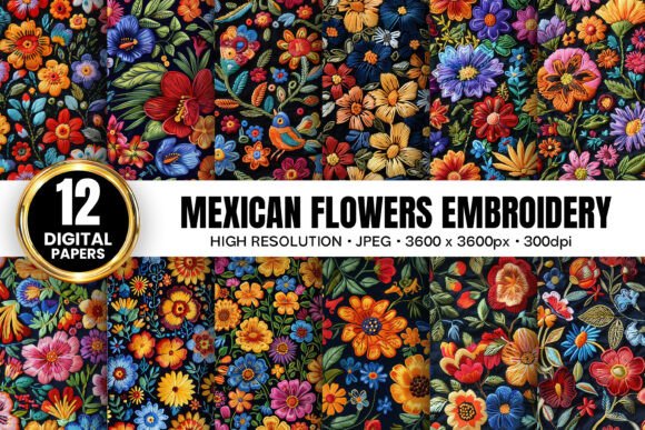 Mexican Flowers Embroidery Digital Paper